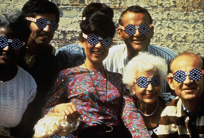 Sussman and the Eames Office wearing 4th of July Glasses by Deborah Sussman (cir. 1965). Image courtesy of WUHO.
