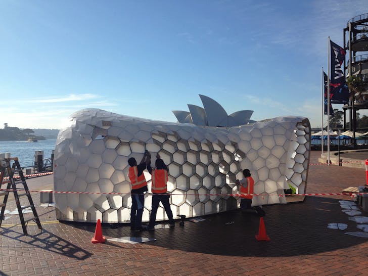 Cellular Tessellation being constructed for the Vivid Light festival in Sydney, Australia. Photo by Chris Knapp.