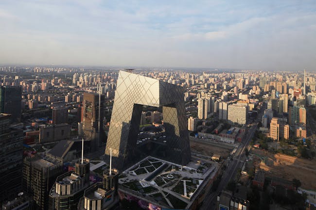 Aerial view of the OMA-designed CCTV headquarters in Beijing, China; Partners-in-charge: Rem Koolhaas and Ole Scheeren, designers, David Gianotten, photographed by Iwan Baan