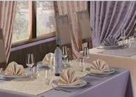 Arrangement of the restaurant with tablecloths made of damask satin