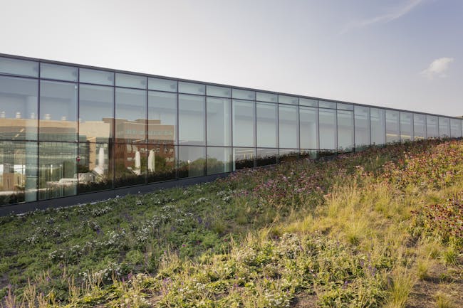 The building is topped by a green roof. Image courtesy of © Michael Grimm.