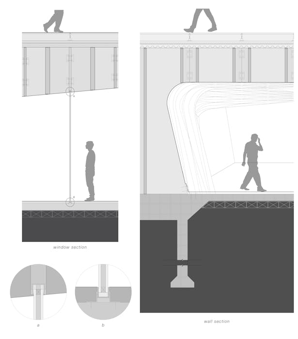 left: window section detail drawing // right: wall section detail drawing