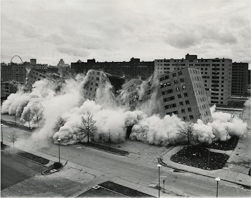 The Pruitt-Igoe projects being razed in 1972. (CityLab; Image: U.S. Department of Housing and Urban Development Office of Policy Development and Research/Wikimedia Commons)
