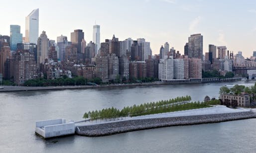 Louis Kahn's Four Freedoms Park makes its point in the East River, with Manhattan as a backdrop. (The Guardian; Photograph: Iwan Baan/Four Freedoms Park Conservancy)