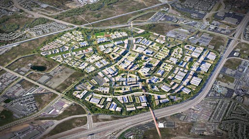 Pictured: Aerial rendering of the planned '15-minute' community <a href="https://archinect.com/news/tag/1960948/the-point">The Point</a> in Utah. Image courtesy of the Mountain State Land Authority.