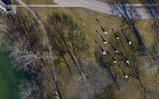 Schematic site plan at Mill Race Park — To Middle Species, with Love by Joyce Hwang. Image Credits: Drone photo by Hadley Fruits, Digital Collage by UB Exhibit Columbus Project Team