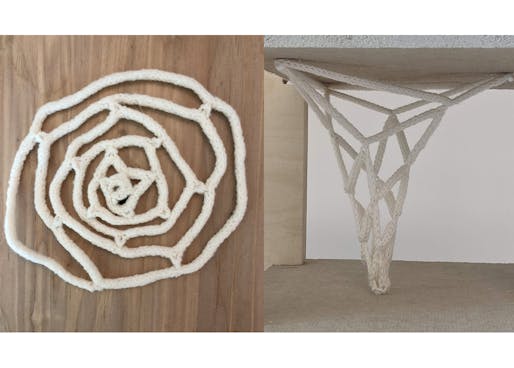 A single "pop-up rose" from the "Dreadlock Series" project at left and that same structure under tension at right. Team: Ian Danner (textile designer and fabricator), Hiranshi Patel (CAD designer and fabricator), Aysan Jafarzadeh (graphic designer and code developer). Credit: Felecia Davis. All Rights Reserved.