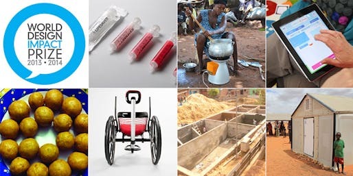 Shortlisted projects for the World Design Impact Prize 2013-2014: ABC (A Behaviour Changing) Syringe, BioLite HomeStove, Family By Family, Refugee Housing Unit, Potty Project, Leveraged Freedom Chair, Laddoo Project (clockwise from top left)