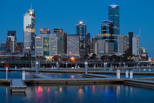 Melbourne skyline as viewed from Yarra's Edge, Docklands, Melbourne after sunset. Photo by Diliff via Wikipedia.