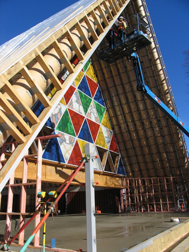 The exterior of the Cardboard Cathedral.