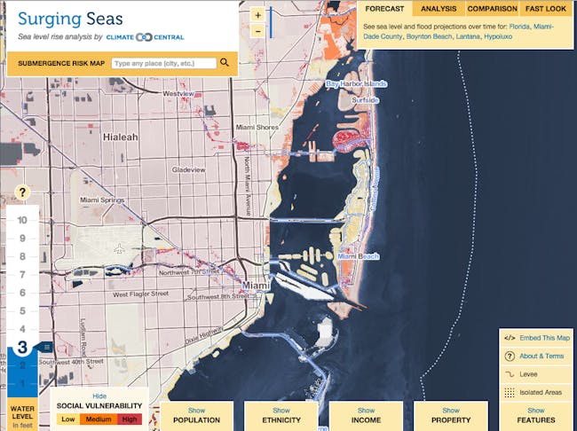 A map from surging seas showing the 'social vulnerability' of Miami residents to 3 ft of sea level rise. Credit: Climate Central