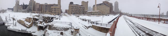 Panorama of the Water Works site covered in snow in March (Image courtesy of Minneapolis Parks Foundation)