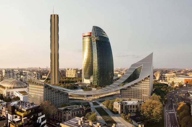 Rendering of Milan's CityLife development with the Bjarke Ingels-designed CityWave building in the front. Image courtesy BIG