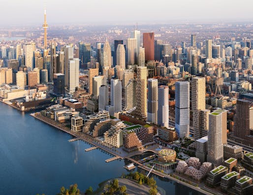 Aerial rendering of the <a href="https://archinect.com/news/article/150299349/toronto-s-quayside-is-back-with-projects-by-adjaye-associates-alison-brooks-and-henning-larsen">latest, revised proposal</a> for Toronto's Quayside waterfront development. Image courtesy Toronto Waterfront.