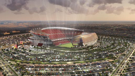 Rendering of the latest approved stadium proposal for the LA suburb of Carson. (Rendering: Manica Architecture; Image via latimes.com)