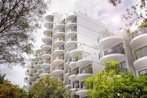 LAVA's proposal consists of adding "clip-on" curved balconies to improve amenity for the SIRIUS apartment building. Image via architectureanddesign.com.au.