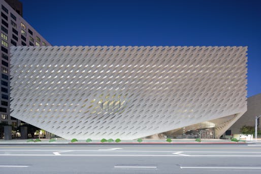 The Broad, designed by Diller Scofidio + Renfro in collaboration with Gensler, on LA's Grand Ave. Photo: Iwan Baan; Image via thebroad.org.