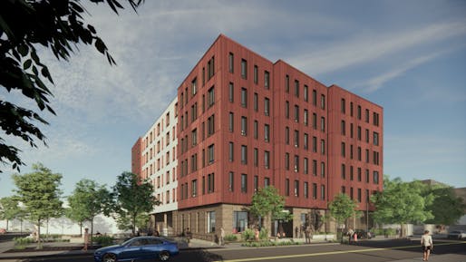 Boston-based Utile Design’s 1599 Columbus building in the city’s Jackson Square neighborhood has made 100% of its 65 units available to ​​families making between 30-60% AMI. Image courtesy Utile. 