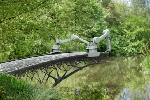 Rendering of robotic arms 3D printing a bridge. Credit: MX3D, via iflscience.com