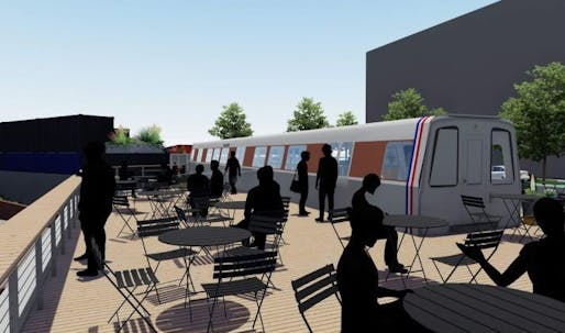 The 'Hospitality in Transit' proposal aims to reimagine a decommissioned BART car into an outdoor venue that will serve as a co-working space, café, and meeting place during the day and bar at night. Image: Hospitality in Transit/BART