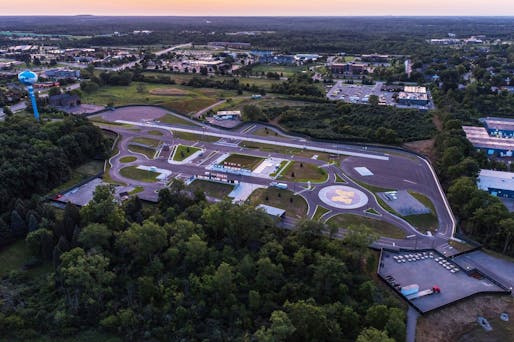 Aerial view of the University of Michigan's autonomous vehicle testing facility, MCity, in Ann Arbor. (Image: University of Michigan; via curbed.com)