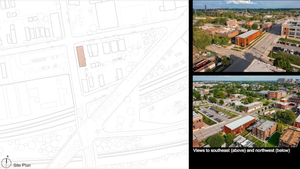 image credit: [dhd] derek hoeferlin design, Monica Mulica (drawing), Samuel Fentress (drone photographs) Site Plan and drone photographs of project in neighborhood context