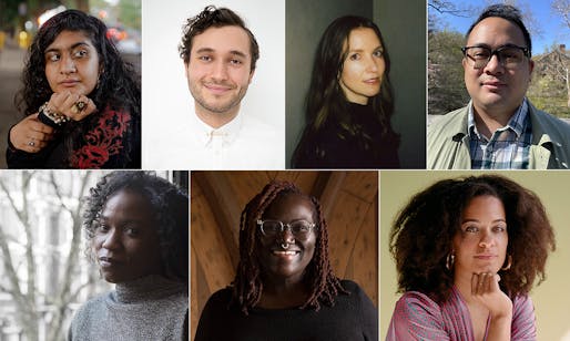 The inaugural class of New City Critics fellows (clockwise from top left): Sabina Sethi Unni, Calil Arguedas-Russell, Erin Sheehy, Oscar Perry Abello, Emma Osore, Sophonie Joseph, and Alicia Ajayi. Image courtesy ArchLeague/Urban Design Forum. 