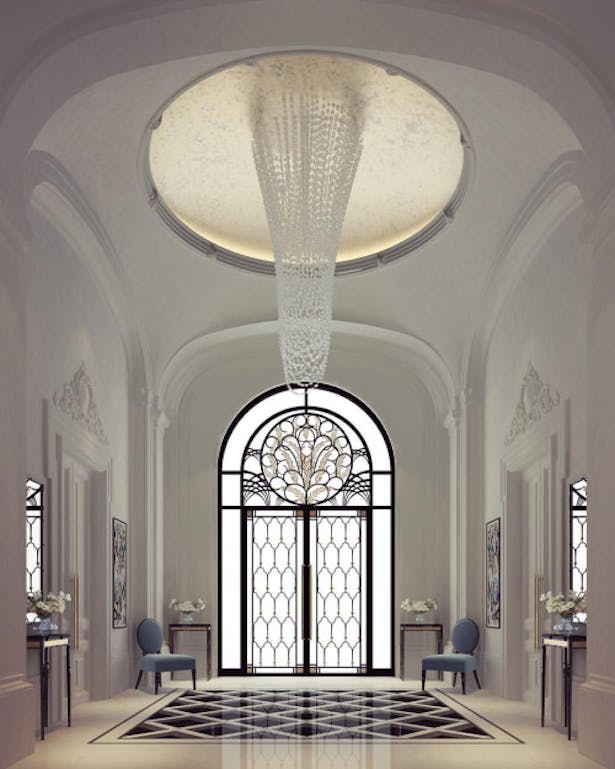 Welcome every guest in these magnificent neo-classical entrance lobby designed for a private villa in Dubai. The dazzling wrought-iron with glass panel in black and gold combination entrance door opens up to a luxurious lobby, greeted by a polished White Calacatta marble flooring with flamboyant geometrical flooring design of Black Marquina, Armani Grey and Azul Blue. The gypsum decorated walls, together with the ceiling dome accentuated by a Swarovski crystal made chandelier creates an...