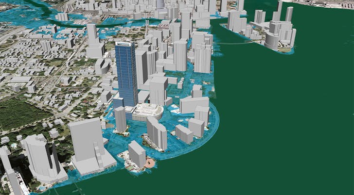 Inundation scenario in 2030 when sea level has risen one meter. Image: ©2007, Google, Inc and 2030, Inc, via Architecture2030.org