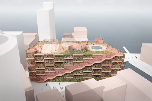 The new Park and Play garage will have grand external stairways leading to a rooftop park overlooking Copenhagen Harbour. Staggered planting boxes will screen parked cars from view. Image courtesy of JAJA Architects; via buildabetterburb.org