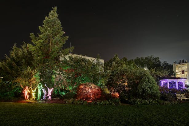 One view of Stella Murray's Nittany Lights project from 2018. "Walks of Light," a landscape lighting scheme for the Hintz Alumni Garden, "tells the story of how the coming together of people of all different 'colors' can bring about the peace that we seek," said Murray. Credit: Christopher Levan, Levan Studios, LLC.