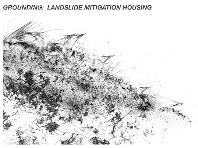 Conceptual drawing interpreting an assemblage of raw matter into a hillside scene.
