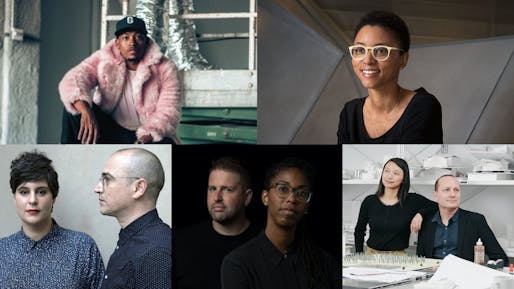 2022 USA Fellows, Architecture & Design Category (Top Row L-R): Germane Barnes and Nina Cooke John, (Bottom Row L-R) Rania Ghosn and El Hadi Jazairy of Design Earth, Tom Carruthers and Jennifer Newsom of Dream the Combine, and Jing Liu and Florian Idenburg of SO-IL. 