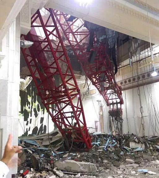 The death toll is rapidly rising after a giant crane crashed on the Grand Mosque on Friday. (Image via theguardian.com)