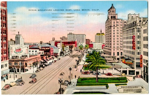 1940s postcard of Ocean Boulevard including the Jergins Trust Building (right). Image credit:<a href="https://www.flickr.com/photos/smgerdes/">Flickr user Steve & Michelle Gerdes licensed under CC BY-NC-ND 2.0 DEED</a>