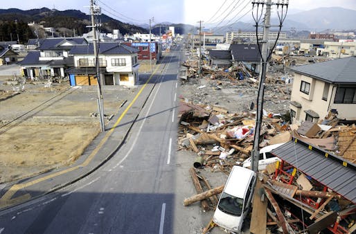 This combination of pictures shows the view of a tsunami hit area of Ofunato, Iwate prefecture on March 14, 2011 (right side) and the same scene as it appears on January 15, 2012 (left side). March 11, 2012 will mark the first anniversary of the massive tsunami that pummeled Japan. (Toshifumi...