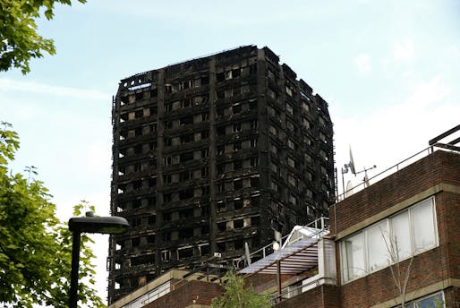View of the charred Grenfell Tower. Image courtesy of Flickr user ChiralJon.