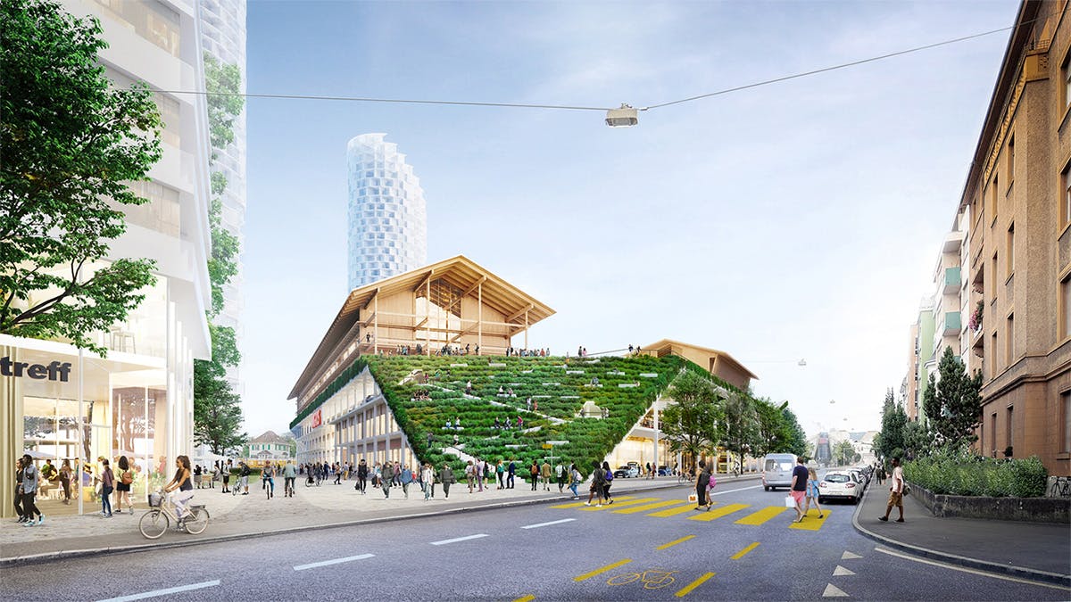 Herzog & de Meuron's shopping center development in Basel will be topped with a middle school
