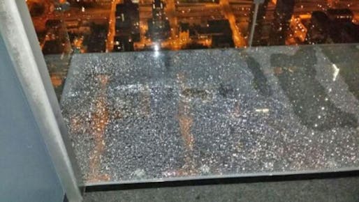The shattered protective coating of the Skydeck's floor. (Photo courtesy Alejandro Garibay via NBC Chicago)