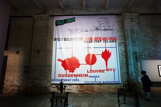 Gulf Labor protest banner at the 2015 Venice Biennale. (Photo: Mikhail Mendelevich; Image via theartnewspaper.com)