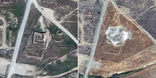 Satellite images from March 2011, left, and September 2014, show the complete destruction of the 1,400-year-old Christian monastery Dair Mar Elia (also know as Saint Elijah's Monastery) near Mosul, Iraq. (Photo: DigitalGlobe/AP)