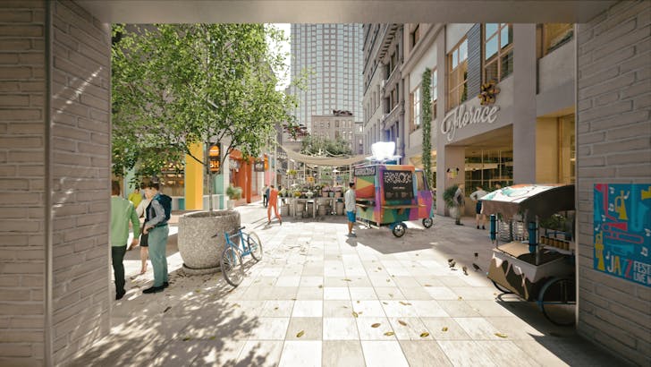 Rendering of the inside of a typical Manhattan block after new zoning regulation is enacted. Image courtesy of ODA