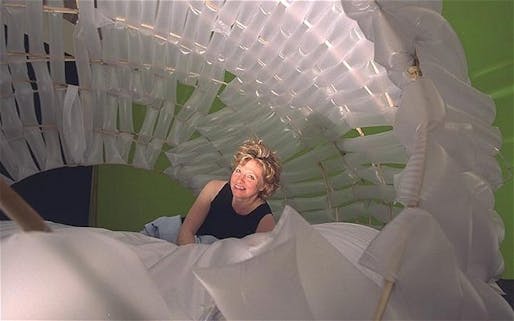 Kathryn Findlay in 'The Eggloo' (the world's first 'cocoon room'), which she created with Nick Crosbie. Findlay died in January 2014 (The Telegraph; Photo: Abbie Trayler-Smith)