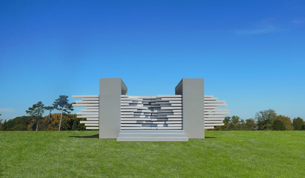 A visitor to this public art pavilion can create their own personal space within it, by moving the white beams back and forth through the two support frames.