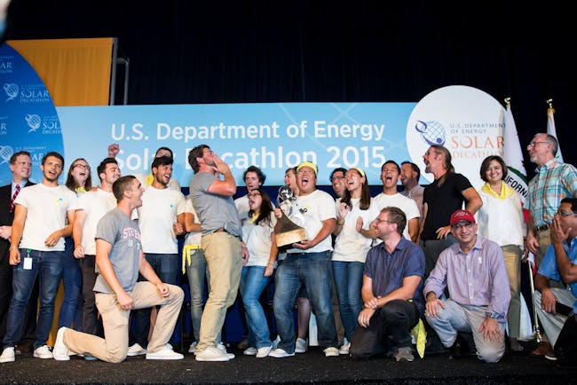 The Stevens Institute of Technology team celebrates their first-place win of the 2015 Solar Decathlon. Photo courtesy of Stevens Institute of Technology.