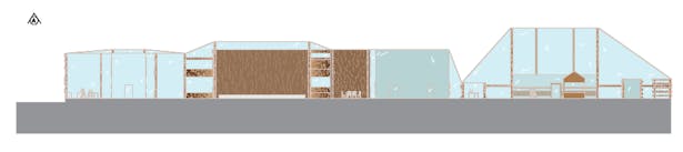 A section through the counseling half of the building on the right side. It shows the variety in the roof elevation and the size and heights of the individual rooms within