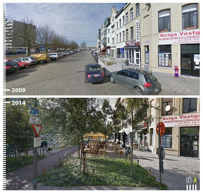 From cars to cafe: Google Street View of Amsterdamstraat, Antwerp, Belgium.