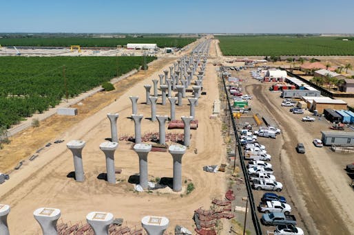 Aerial view of the 6,331-foot-long Hanford Viaduct construction site in Kings County. Image courtesy California High-Speed Rail Authority/Facebook.