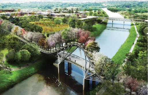Don't call it Houston's version of the Garden Bridge yet: some elements of the West 8 Houston Botanic Garden master plan, like this tree-topped bridge, may still be altered or dropped entirely to ease hurricane safety concerns. (Rendering: West 8)