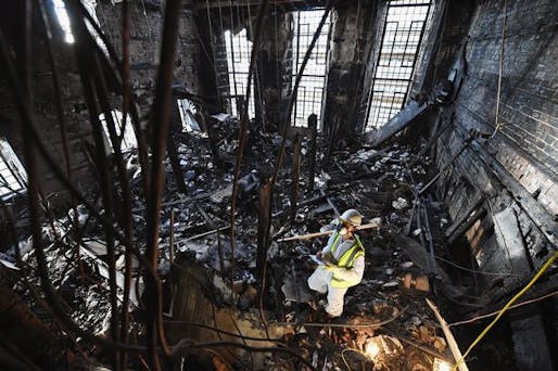 Interior of the Mackintosh Library after the fire. Image credit Jeff J Mitchell/Getty, via dailyrecord.co.uk.